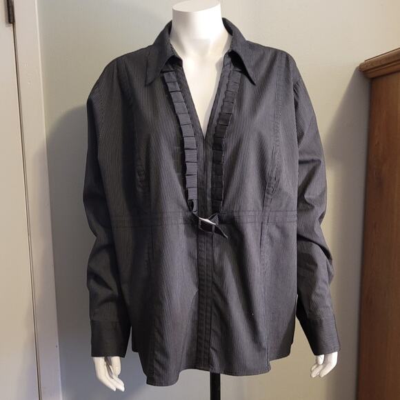 Worthington Womens 3X Black Stretch Pleated Buckle Blouse Careerwork Minimalist - Picture 2 of 8
